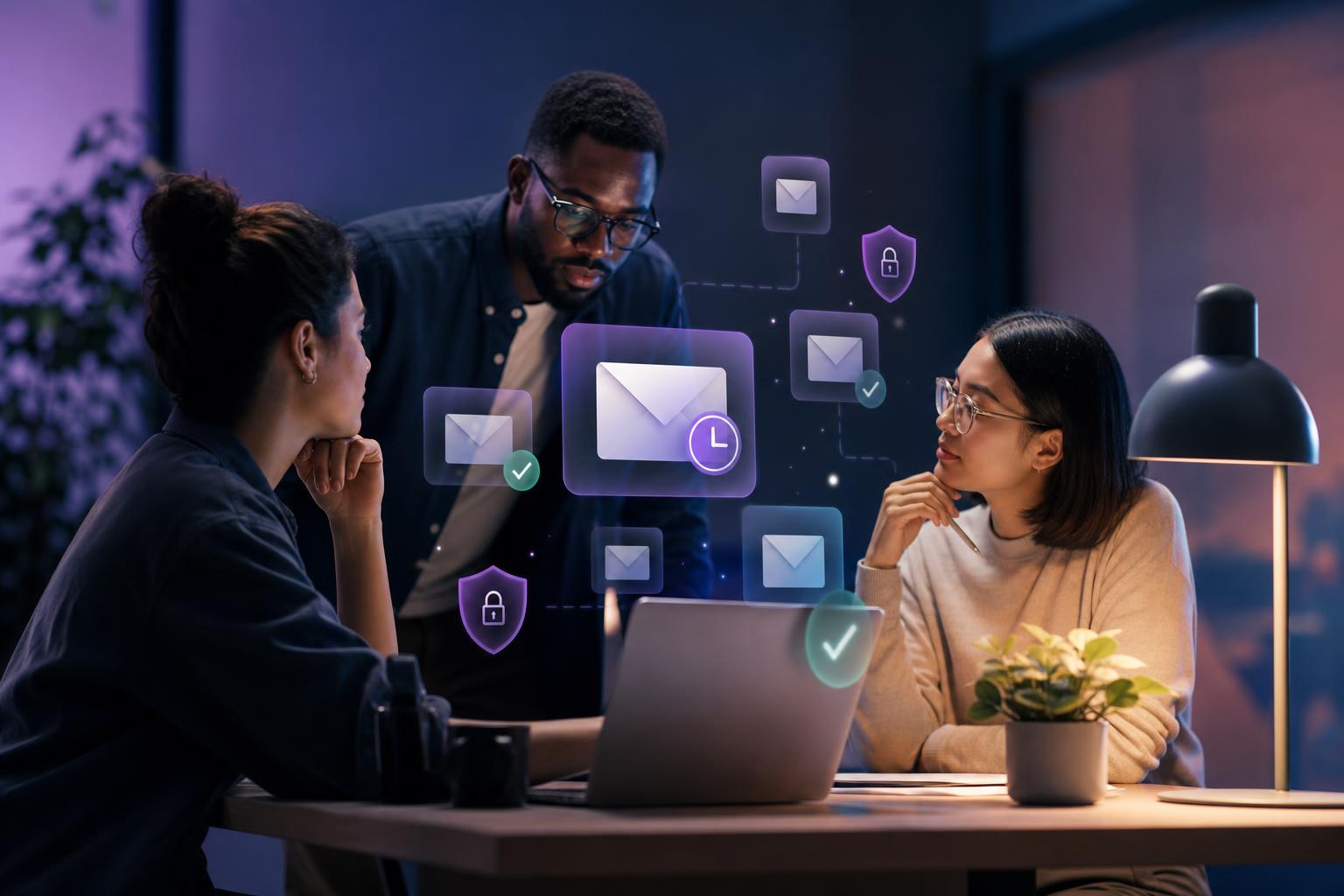 Abstract QA workspace showing temporary inboxes and privacy-focused product testing