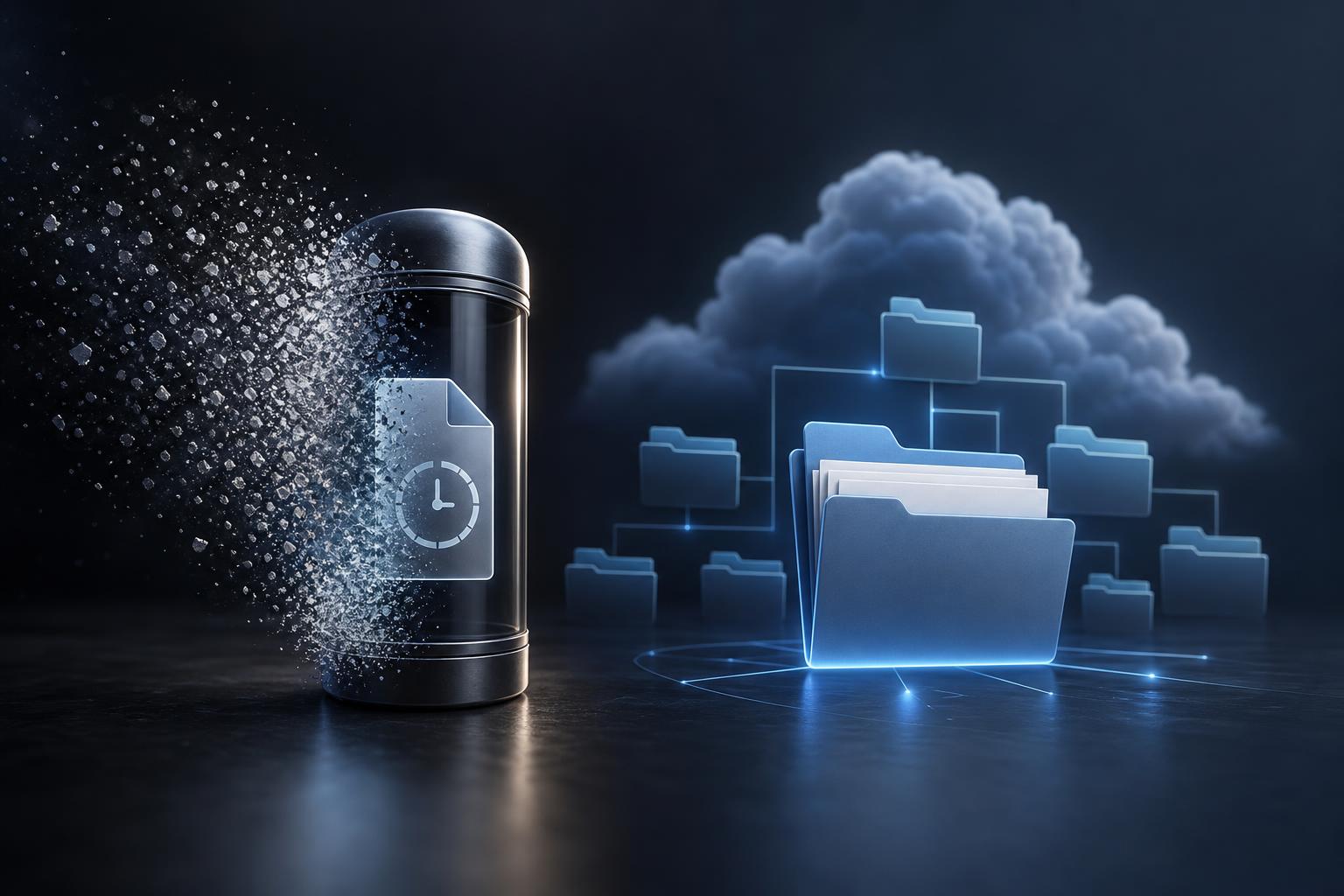 A visual contrast between an expiring file link and a permanent cloud folder for private sharing decisions.