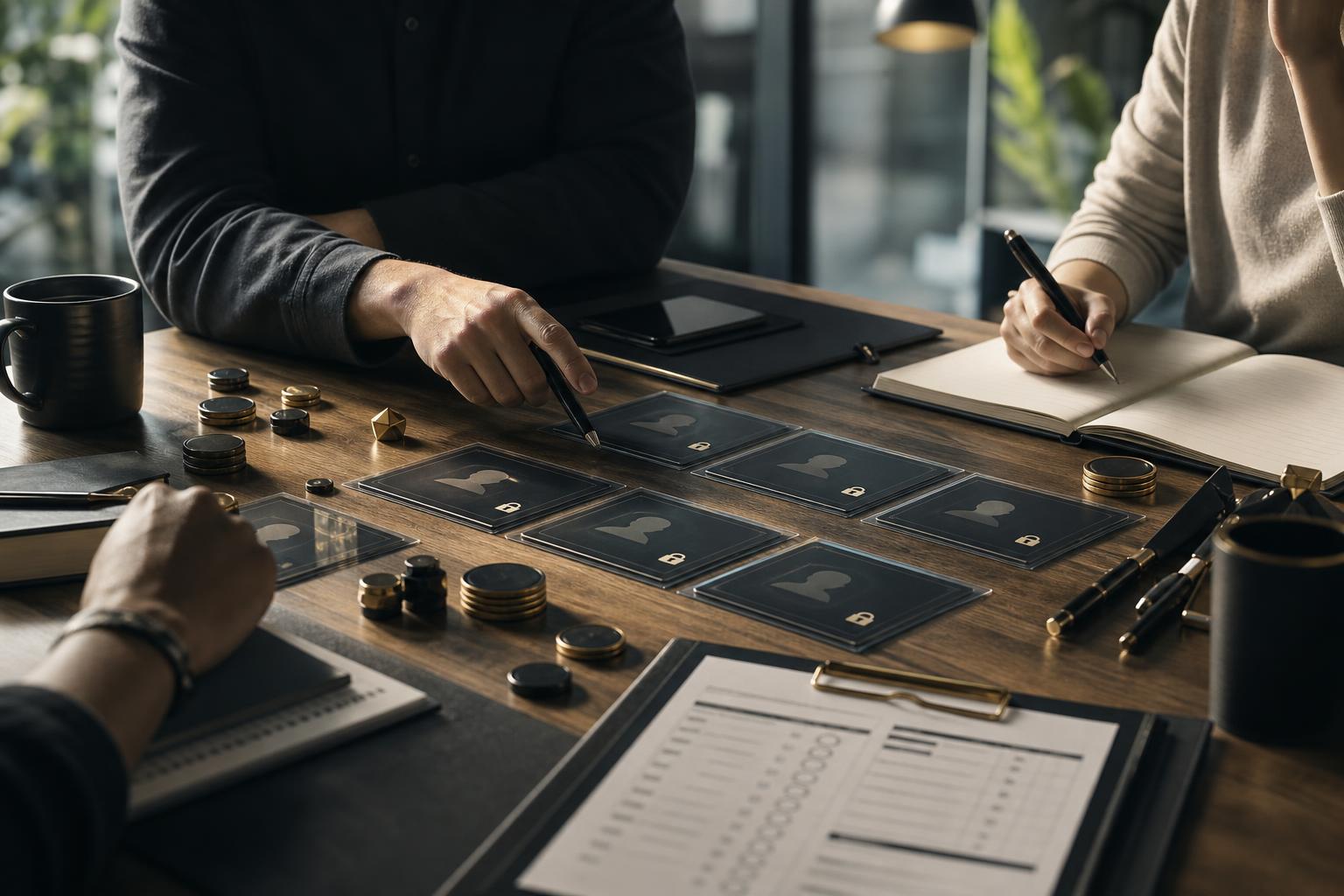 Sealed digital cards representing simultaneous secret reveal workflows for private team decisions